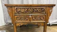 Chinese Carved Three Drawer Table 42.5x24x32.5" Tall Does Have Some Wear From Age