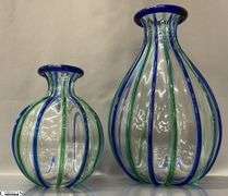 Pair of Blue and Green Hand Made Vases, Signed Archimede Seguso, Tallest 13.5"