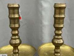 Pair of Brass Candle Sticks With Drip Trays 37"