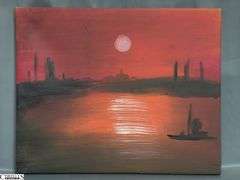 3 Mixed Media and Oil on Canvas, By Alummoa Zumigo, Sunset Sail, Moonlit Canals, Hues of Red, and Blues 27x22"