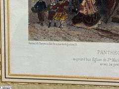 Framed Benoist Lithograph Under Glass Burled Wood Style Frame 23x21"