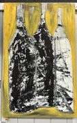GiGi Bottles #9, Acrylic Abstract Painting of Bottles On Canvas 35.25x55"