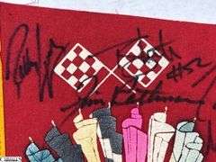 Indianapolis Speedway Autographed Pennant.  Autographs include Jim Nabors, Tom Sneva, Johnny Rutherford, Michael Andretti, Robby Buell, Eddie Cheever, Billy Boat, Rodger Ward, Poncho Carter, Jim Rathmann, Robby Unser, Scott Goodyear and Others