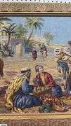 Framed Tapestry, Middle Eastern Marketplace Scene With People, Camels, and Horses Measures 60x24"