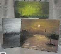 3 Mixed Media and Oil on Canvas by Alummoa Zumigo, Moonlit Canals, Hues of Green and Gray 27x22"