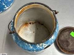 4 Blue and White Enamel Swirl Large Coffee Pot, Milk Jug, 2 Coffee Pots - Some wear/chipping - 12" of tallest