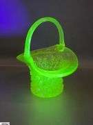 Imperial Hobnail Uranium Hurricane Lamp Vase, and Daisy and Button Vaseline Basket, Vase 7.5"