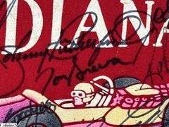 Indianapolis Speedway Autographed Pennant.  Autographs include Jim Nabors, Tom Sneva, Johnny Rutherford, Michael Andretti, Robby Buell, Eddie Cheever, Billy Boat, Rodger Ward, Poncho Carter, Jim Rathmann, Robby Unser, Scott Goodyear and Others