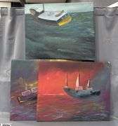 3 Paintings On Canvases, Boats By Alummoa Zumiga All Measure 27x22"