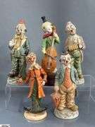 Clown Collectibles, Roly Poly Clown Bank, Lefton Bookends, Marked Taiwan Figurines, And Composite Bank, Tallest 8"