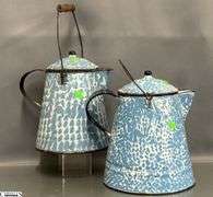 2 Blue and White Swirl Enamelware Coffee Pots - 11" of tallest - Some wear, chipping