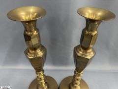 2 Brass Candle Sticks 6" Round Base, 16" Tall