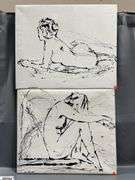 2 Black Acrylic Paint on White Canvas Body Portraits, Figure #14 & 15 Signed Luis Espinoza Measures 27x22"