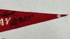 Indianapolis Speedway Autographed Pennant.  Autographs include Jim Nabors, Tom Sneva, Johnny Rutherford, Michael Andretti, Robby Buell, Eddie Cheever, Billy Boat, Rodger Ward, Poncho Carter, Jim Rathmann, Robby Unser, Scott Goodyear and Others