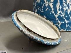 4 Blue and White Enamel Swirl Large Coffee Pot, Milk Jug, 2 Coffee Pots - Some wear/chipping - 12" of tallest
