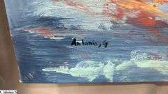 Antonio Garcia Red Boats, Impressionistic Acrylic Painting On Canvas 35x56"