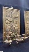 2, Brass Late Victorian Aesthetic Movement, Bruce Talbert Style, Embossed With Apples And Blossom, Three Arm Candle Sconces 8x14"