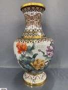 Oriental Brass Cloisonne Style Vase 15.5" Tall, Small Dent On Side