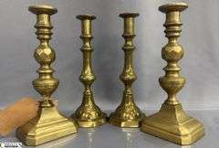 4 Brass Candle Sticks, Early English Push Up Styles, Tallest 10"