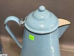 3 Enamelware Coffee Pots and Small Lidded Jug - 10" of tallest - some wear, chipping