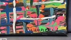 4 Painting on Canvases and Board, Abstracts and Beach Scene, Some Signed See Photos Largest Measures 20x25"