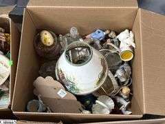 SKID of Boxed Lots, Garden Statue, Parlor Chair Plant Stand, Angels, Ornaments, Bells, Milk Glass Baskets, Figural Bells, Frames, Art Glass Paperweights, SKID is Not Included