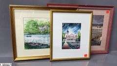 3pcs Framed Watercolor and Two Prints, Largest Measures 13.5x18"