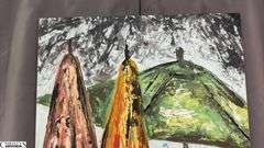 Antonio Garcia, Impressionist Beach Umbrellas Red, Yellow and Green Painting On Canvas 35x56"