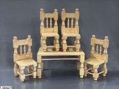 Wooden Doll Dining Set, Painted Chair and Table