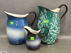 3 Enamelware Pitchers - Swirl and Ombre - 11" of tallest - some wear, chipping