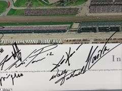 Indianapolis Motor Speedway 40" X 13.5" Areal Photo with Autographs.  Signatures Include Andy Hillenburg, Paul Goldsmith, Johnny Rutherford, DIZ, John Martin, and Many Others.