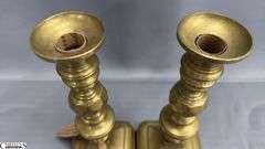 4 Brass Candle Sticks, Early English Push Up Styles, Tallest 10"