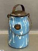 3 Swirl Enamelware Coffee Pot and Milk Jugs - 9" of tallest - some wear, chipping
