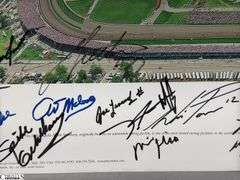 Indianapolis Motor Speedway 40" X 13.5" Areal Photo with Autographs.  Signatures Include Andy Hillenburg, Paul Goldsmith, Johnny Rutherford, DIZ, John Martin, and Many Others.