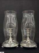 Set Of 4 Pewter Candlestick Holders With Removable Clear Glass Hurricane Shades, Missing One, Bases Are Marked With Stamps. 12.5" Tallest.