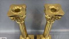Two Brass Column Style Candle Sticks With Square Bases 16.5"