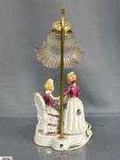 Figural Victorian Tea Time Table Lamp With Ruffle Shade, 17"