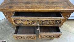 Chinese Carved Three Drawer Table 42.5x24x32.5" Tall Does Have Some Wear From Age