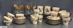 Franciscan Desert Rose Glasses, Mugs, Teacups and Saucers - 7" of largest, some chipping - Approx 36pcs