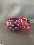 3 Fenton Opalescent Cranberry Heart Motif Glass Pieces - Small Pitcher, Basket, Powder Jar - 6.5" of tallest