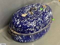 Blue and White Swirl Enamelware Roaster - Some wear, chipping - 18"