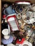 SKID of Boxed Lots, Garden Statue, Parlor Chair Plant Stand, Angels, Ornaments, Bells, Milk Glass Baskets, Figural Bells, Frames, Art Glass Paperweights, SKID is Not Included