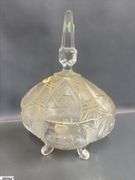 Crystal Lidded Dish, Basket, Footed Vase, Decanter, Some Wear 10"