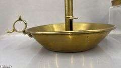 2 Brass Candle Holders, Push up With Large Drip Pan 11" Across 5.5" Tall, and Extended Handle on The Other