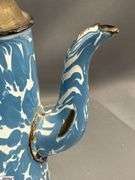 4 Blue and White Enamel Swirl Large Coffee Pot, Milk Jug, 2 Coffee Pots - Some wear/chipping - 12" of tallest