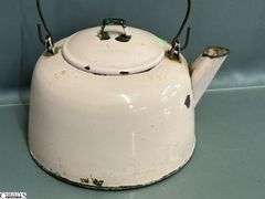 Pink Enamel Kettle - 10" x 6.5" - some wear, chipping