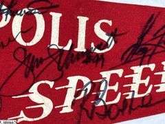 Indianapolis Speedway Autographed Pennant.  Autographs include Jim Nabors, Tom Sneva, Johnny Rutherford, Michael Andretti, Robby Buell, Eddie Cheever, Billy Boat, Rodger Ward, Poncho Carter, Jim Rathmann, Robby Unser, Scott Goodyear and Others