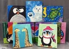 14 Painting Party Canvases, Animals, Giraffe, Panda, Turtle, Kissing Elephant Set, Frogs, Each Measures 11x14"