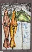 Antonio Garcia, Impressionist Beach Umbrellas Red, Yellow and Green Painting On Canvas 35x56"