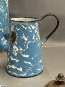 4 Blue and White Enamel Swirl Large Coffee Pot, Milk Jug, 2 Coffee Pots - Some wear/chipping - 12" of tallest